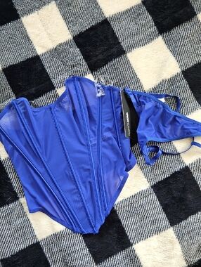 Fashion Nova Royal Blue Mesh Bustier & Panty Set
